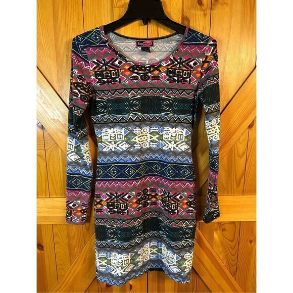 Say What? Dress Geometric Pattern Longsleeve Tribal Print Size Medium (0025) - Picture 1 of 4